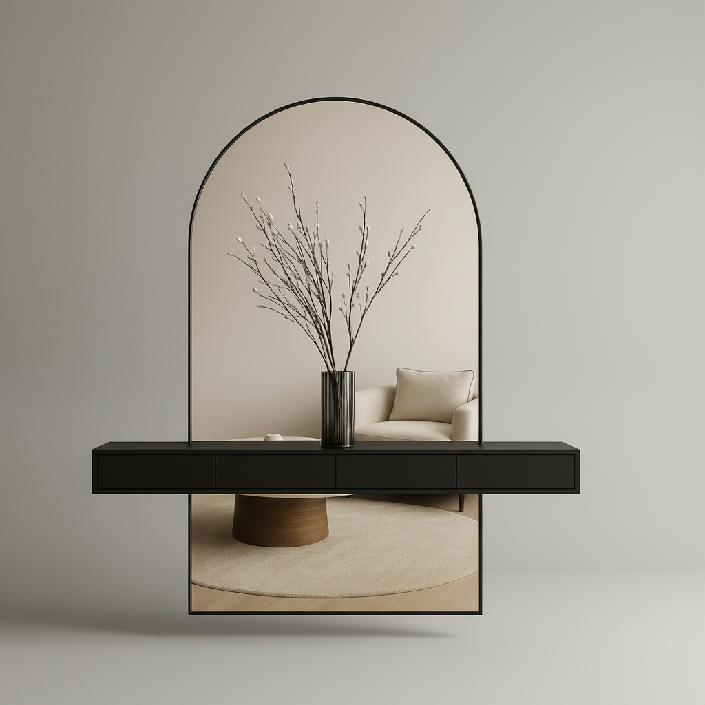 Modern arched mirror with black floating console set