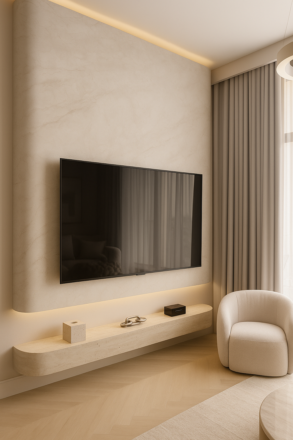 Curved look a like marble media wall with floating travertine natural stone TV unit