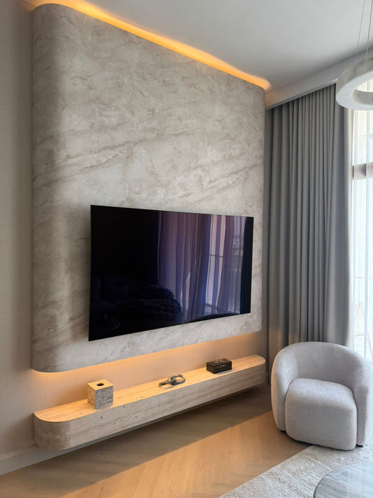 Curved look a like marble media wall with floating travertine natural stone TV unit