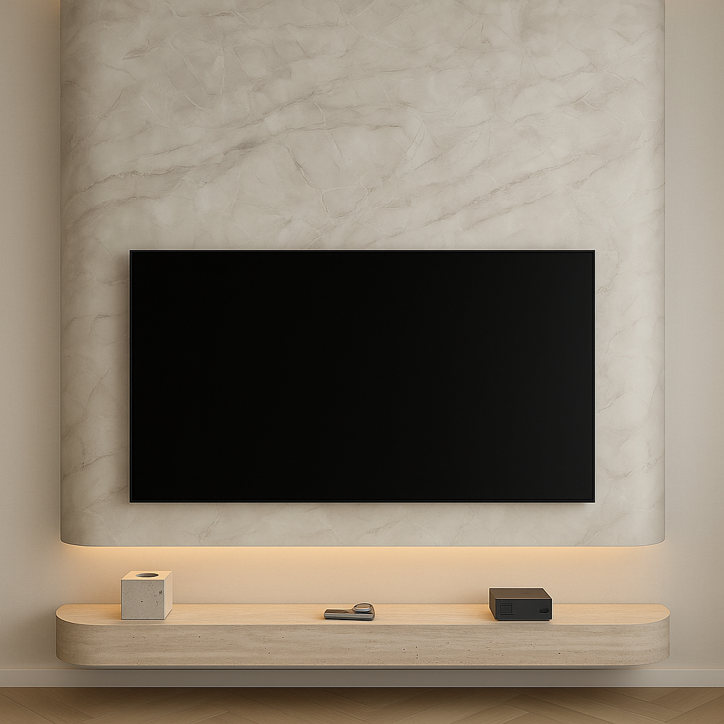 Curved look a like marble media wall with floating travertine natural stone TV unit