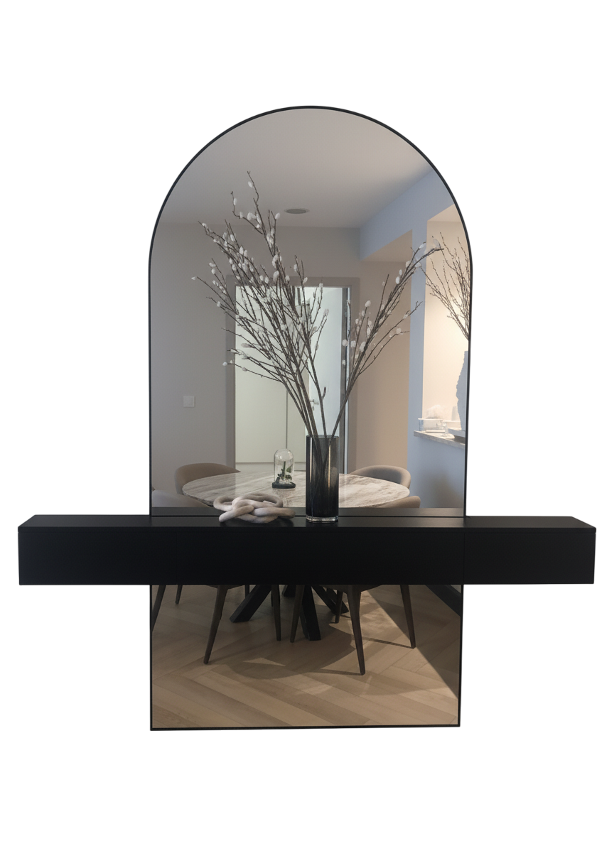 Modern arched mirror with black floating console set