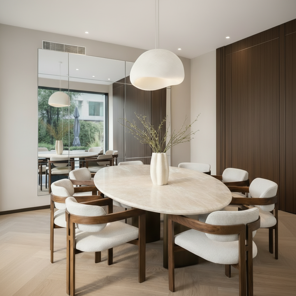 Sculpted Stone Dining Table Set with Upholstered Walnut Chairs