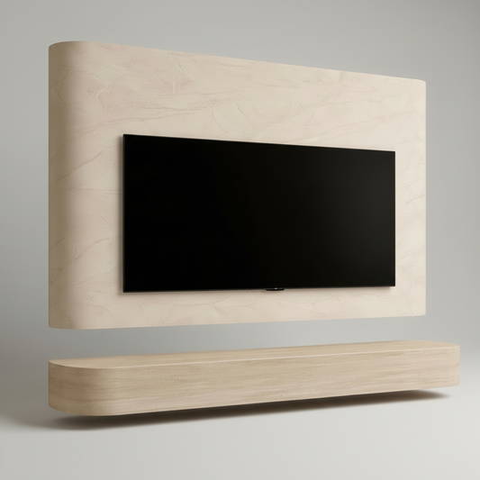 Curved look a like marble media wall with floating travertine natural stone TV unit