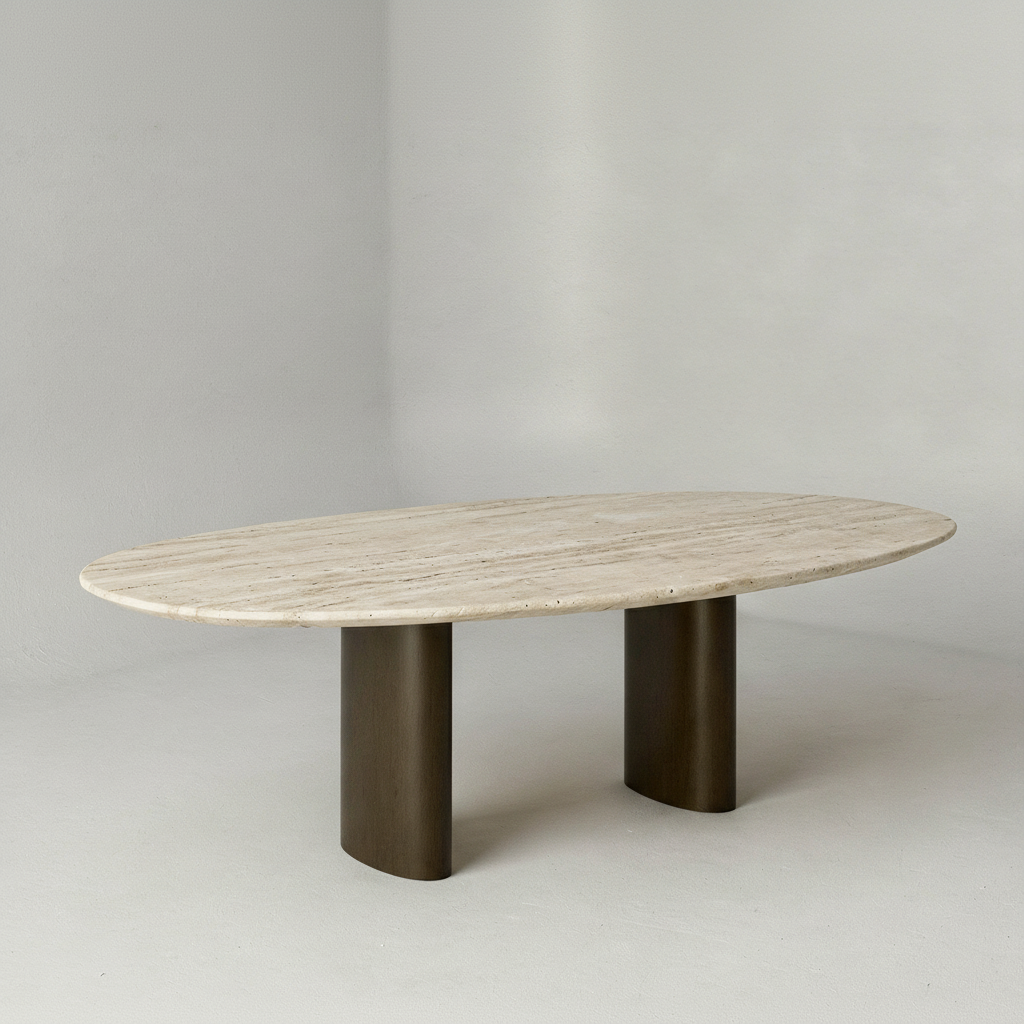 Sculpted Stone Dining Table Set with Upholstered Walnut Chairs