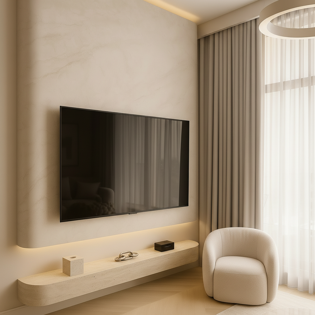 Curved look a like marble media wall with floating travertine natural stone TV unit