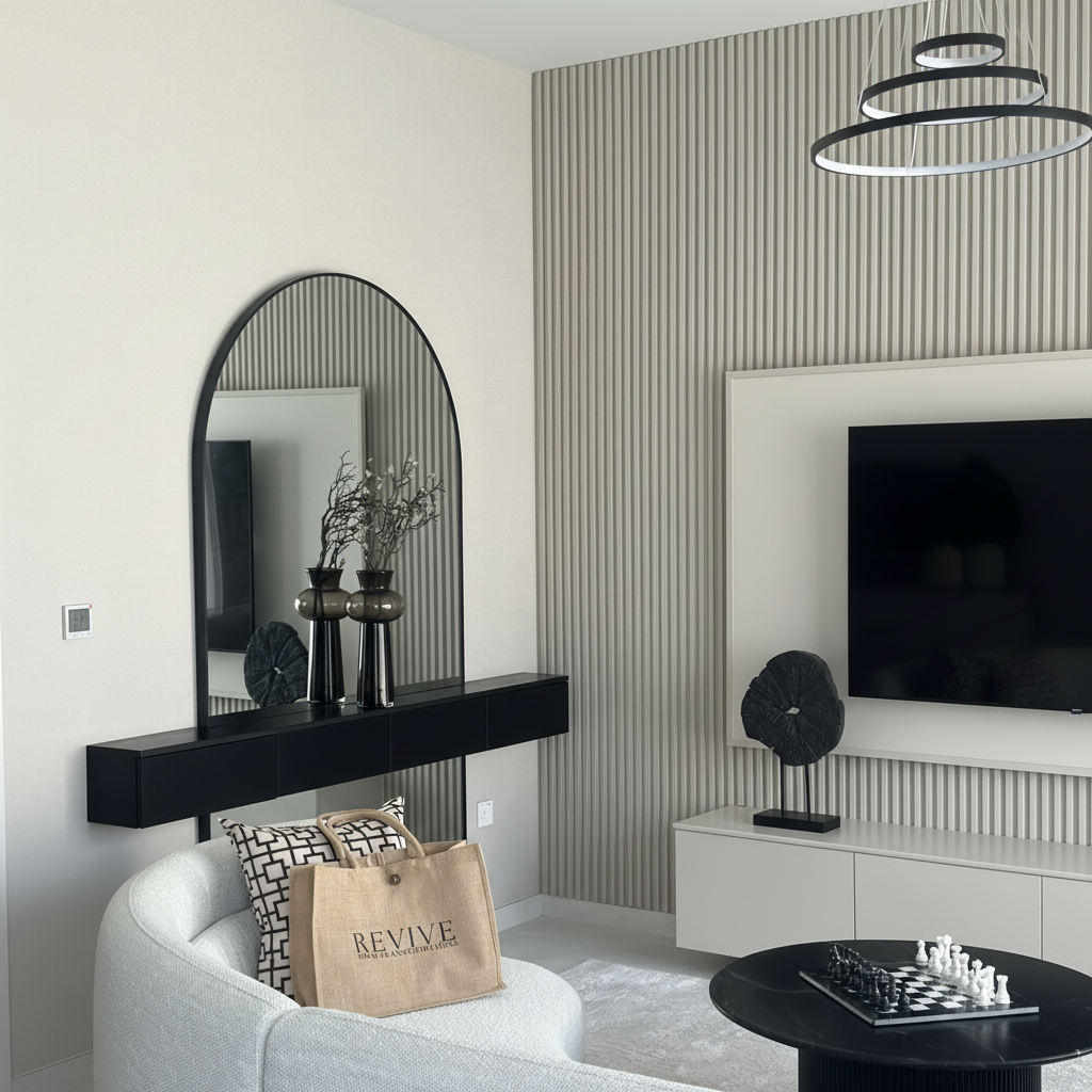 Modern arched mirror with black floating console set