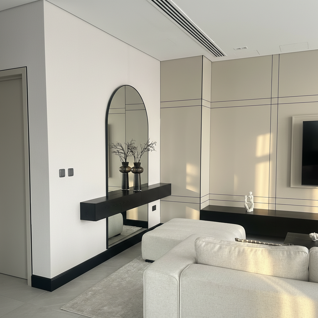 Modern arched mirror with black floating console set
