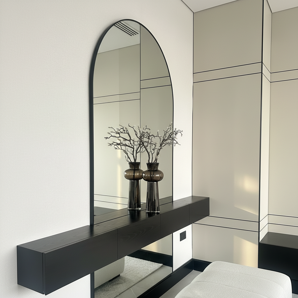 Modern arched mirror with black floating console set