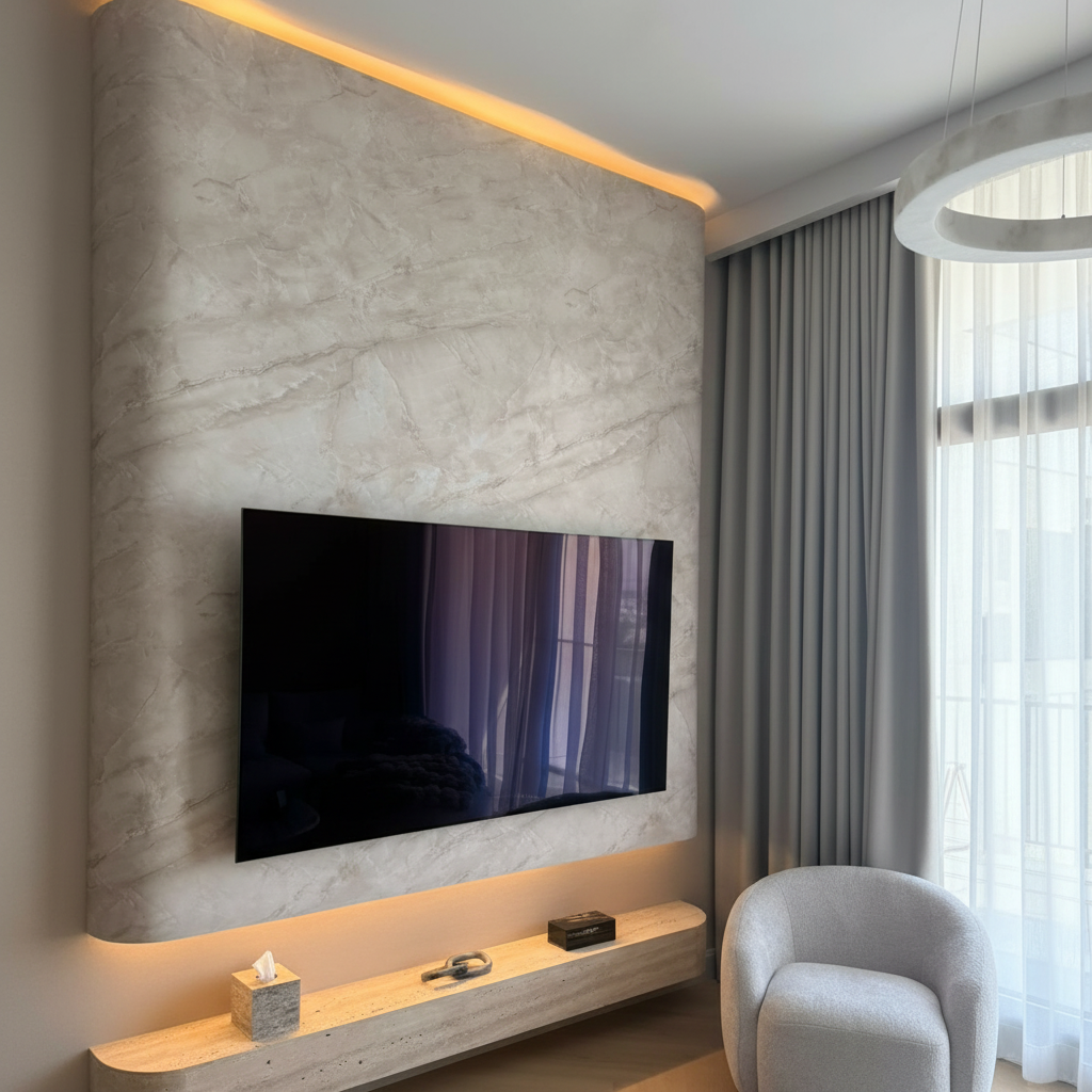 Curved look a like marble media wall with floating travertine natural stone TV unit