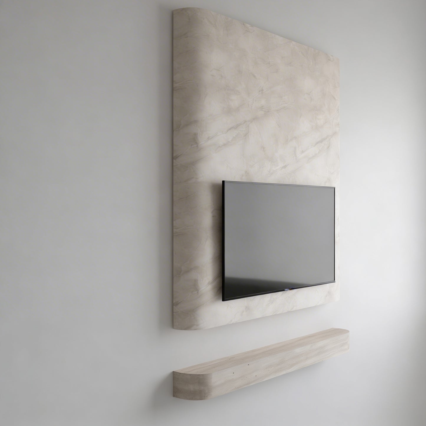 Curved look a like marble media wall with floating travertine natural stone TV unit
