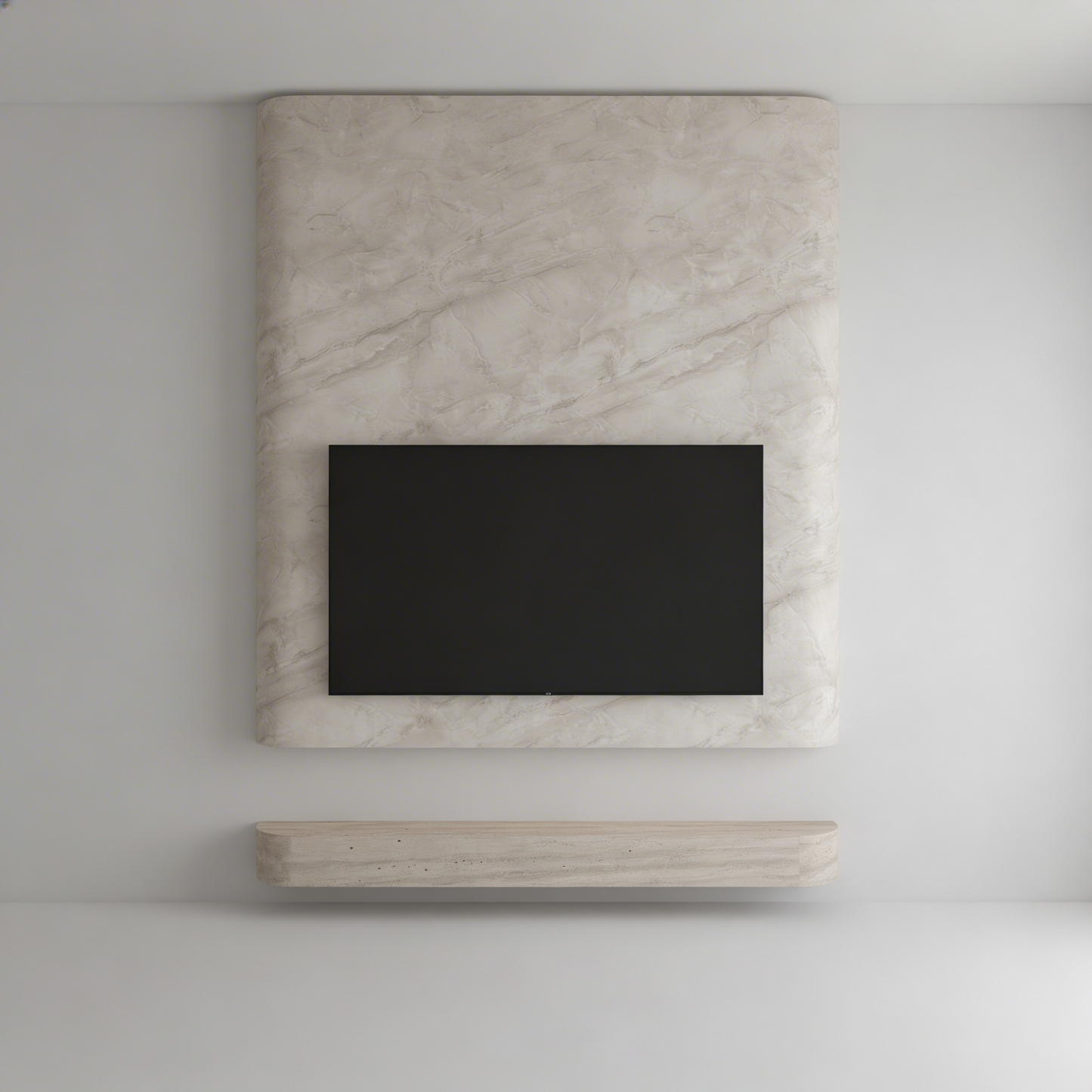 Curved look a like marble media wall with floating travertine natural stone TV unit