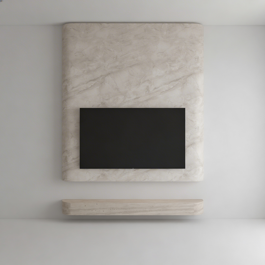 Curved look a like marble media wall with floating travertine natural stone TV unit